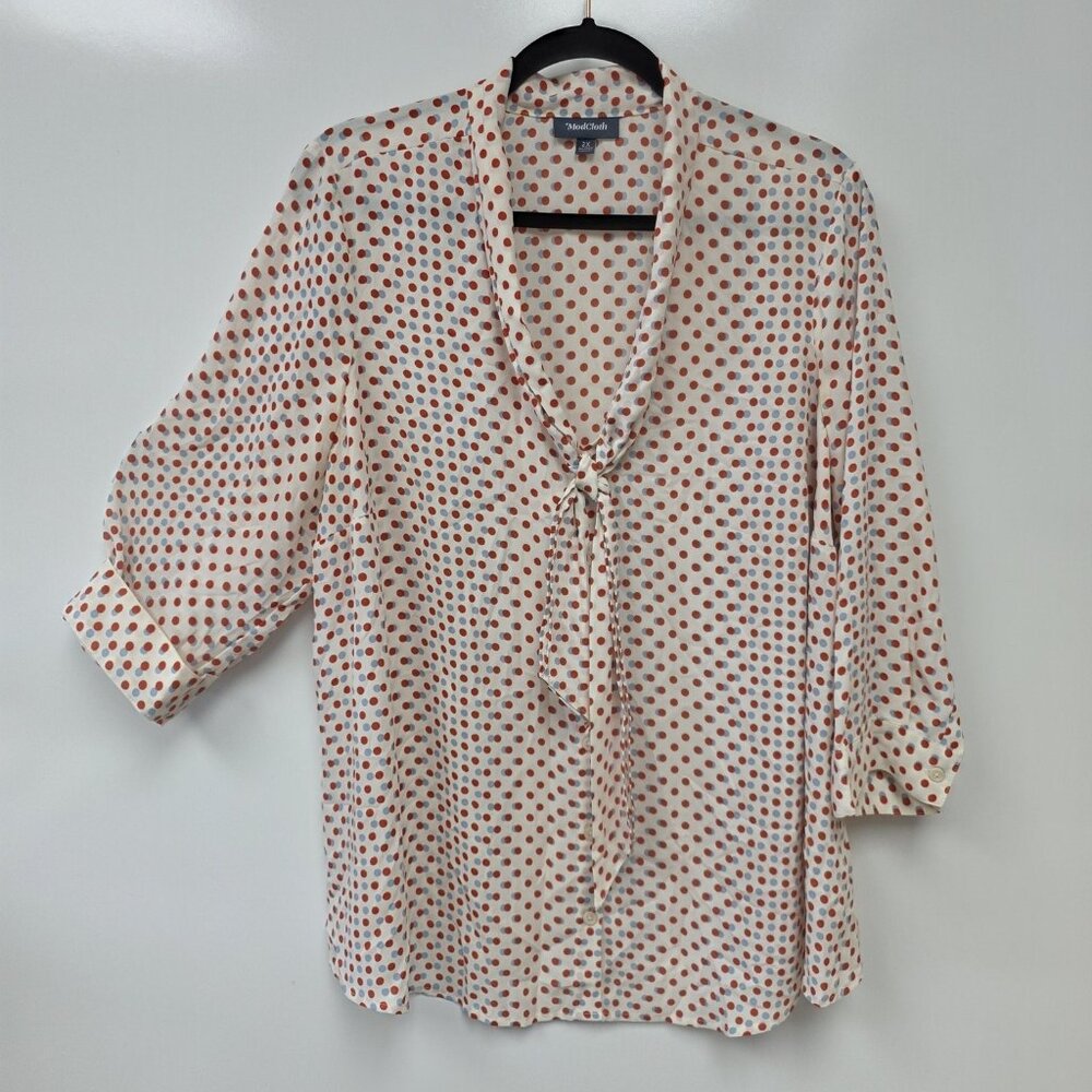 ModCloth Shirt Womens 2X White Polka Dot Tie Neck 3/4 Roll Tab Tunic Top Blouse